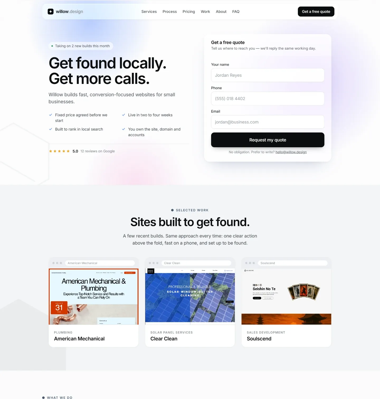 The willow.design website — monochrome layout with an inline quote form in the hero, a selected-work row, a black process section and a published price range